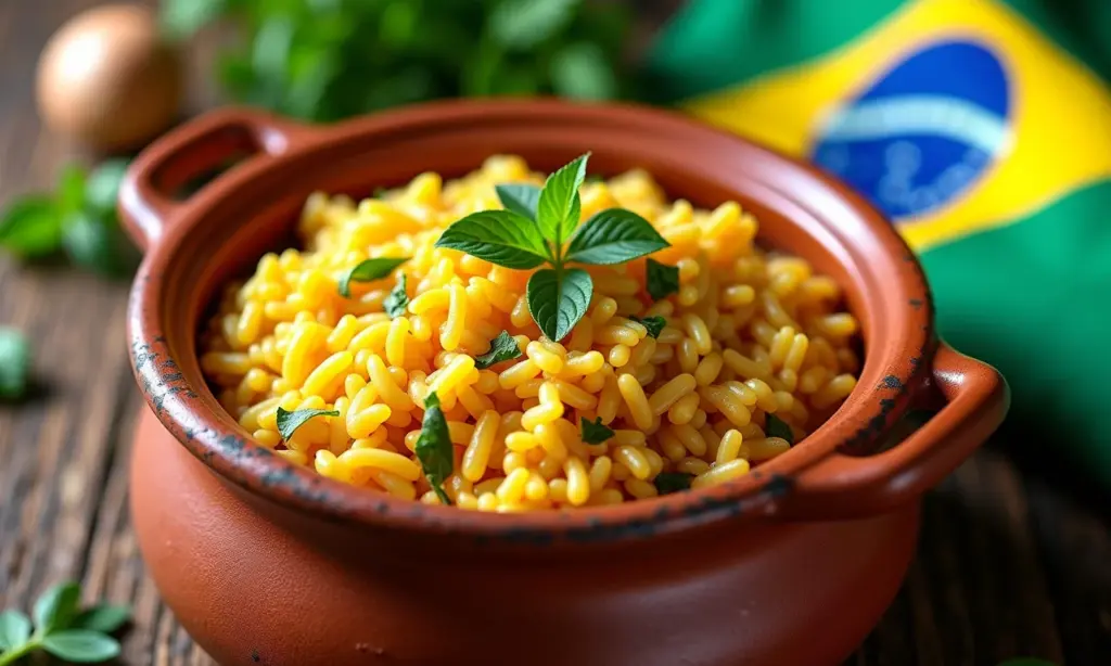 Arroz Carreteiro fumegante em panela de barro, pronto para servir.