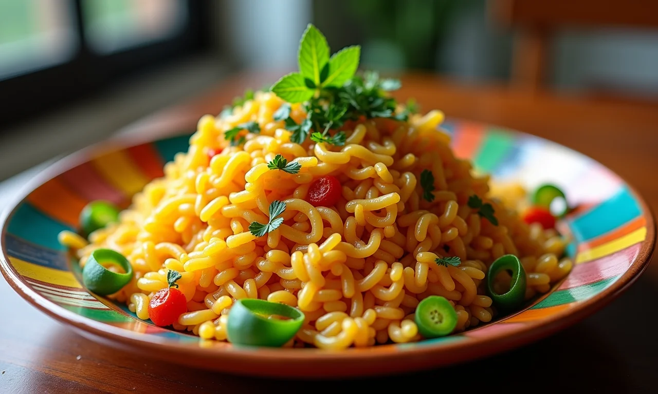 Arroz com pequi servido em prato de cerâmica colorido, com ervas frescas.