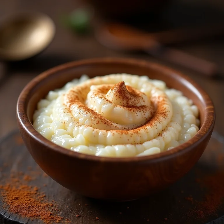 Arroz doce cremoso servido em tigela de madeira.