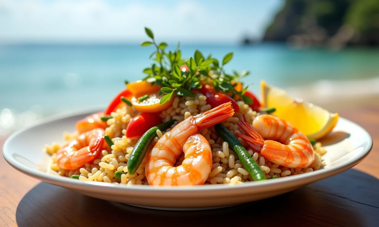 Arroz Tropeiro com camarão e legumes frescos.