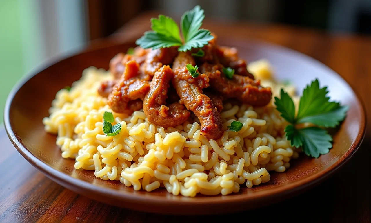 Arroz Tropeiro com frango desfiado em prato de madeira.