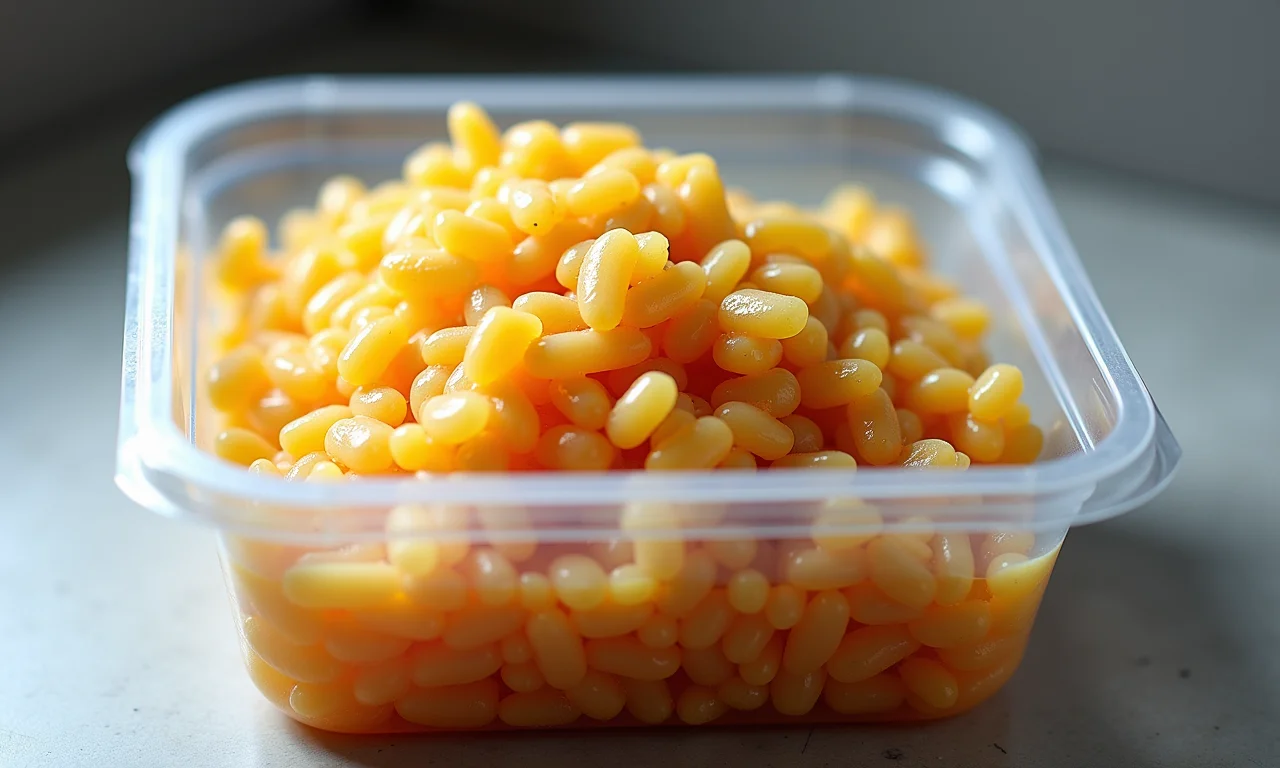 Arroz Tropeiro congelado em recipiente transparente.