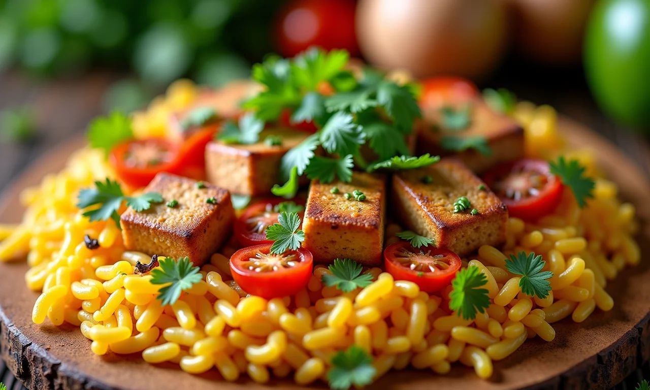 Arroz Tropeiro vegano com legumes coloridos e tofu.