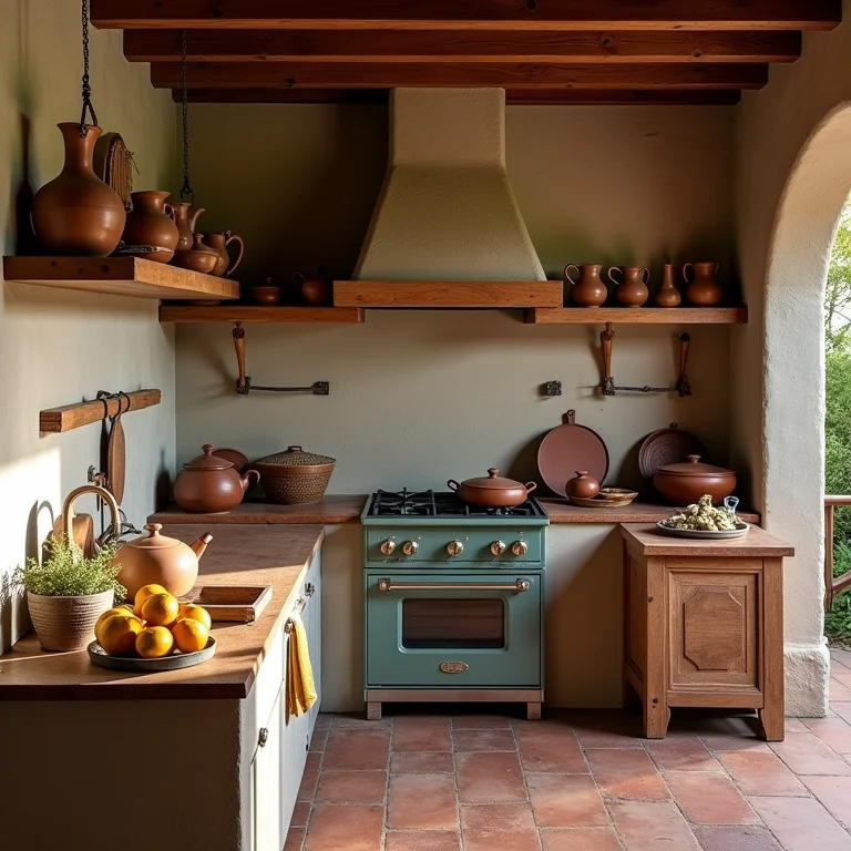 Artesanato local em cerâmica e madeira na decoração da cozinha rústica.