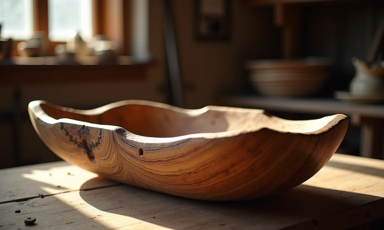 Artesão mostrando gamela de madeira esculpida à mão em oficina.
