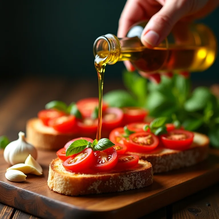 Azeite de oliva sendo derramado sobre bruschetta