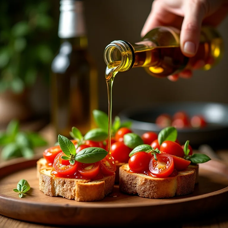 Azeite extra virgem sendo regado sobre bruschetta