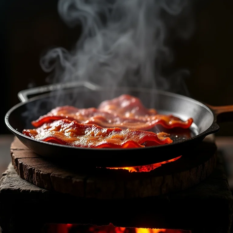 Bacon e linguiça fritando em fogão a lenha