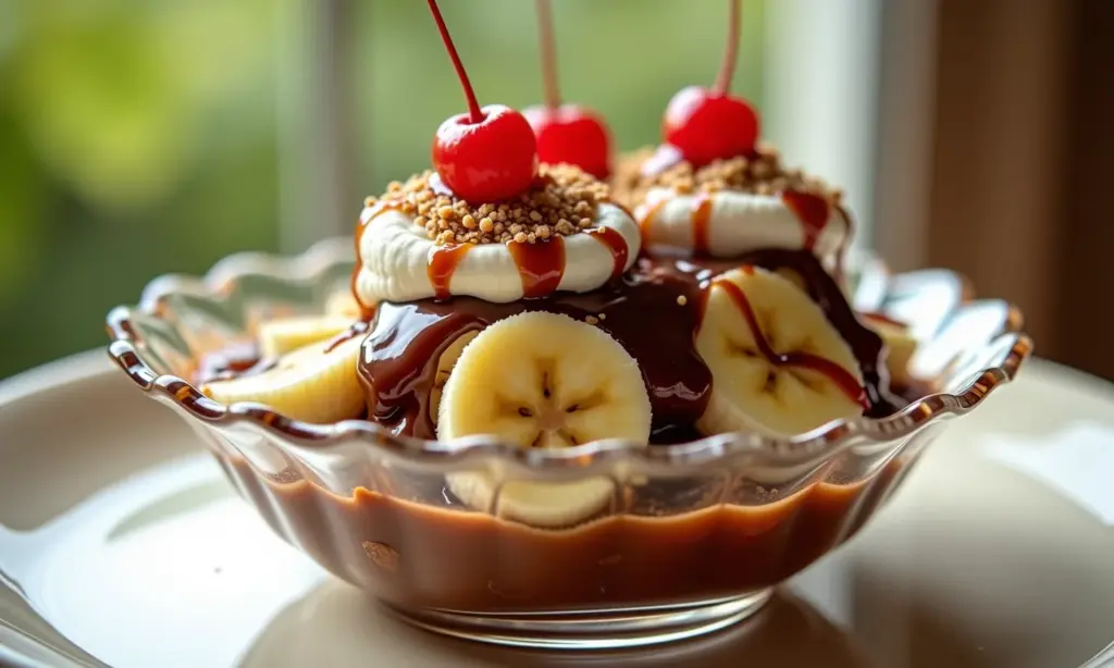 Banana split clássica com caldas e sorvete.