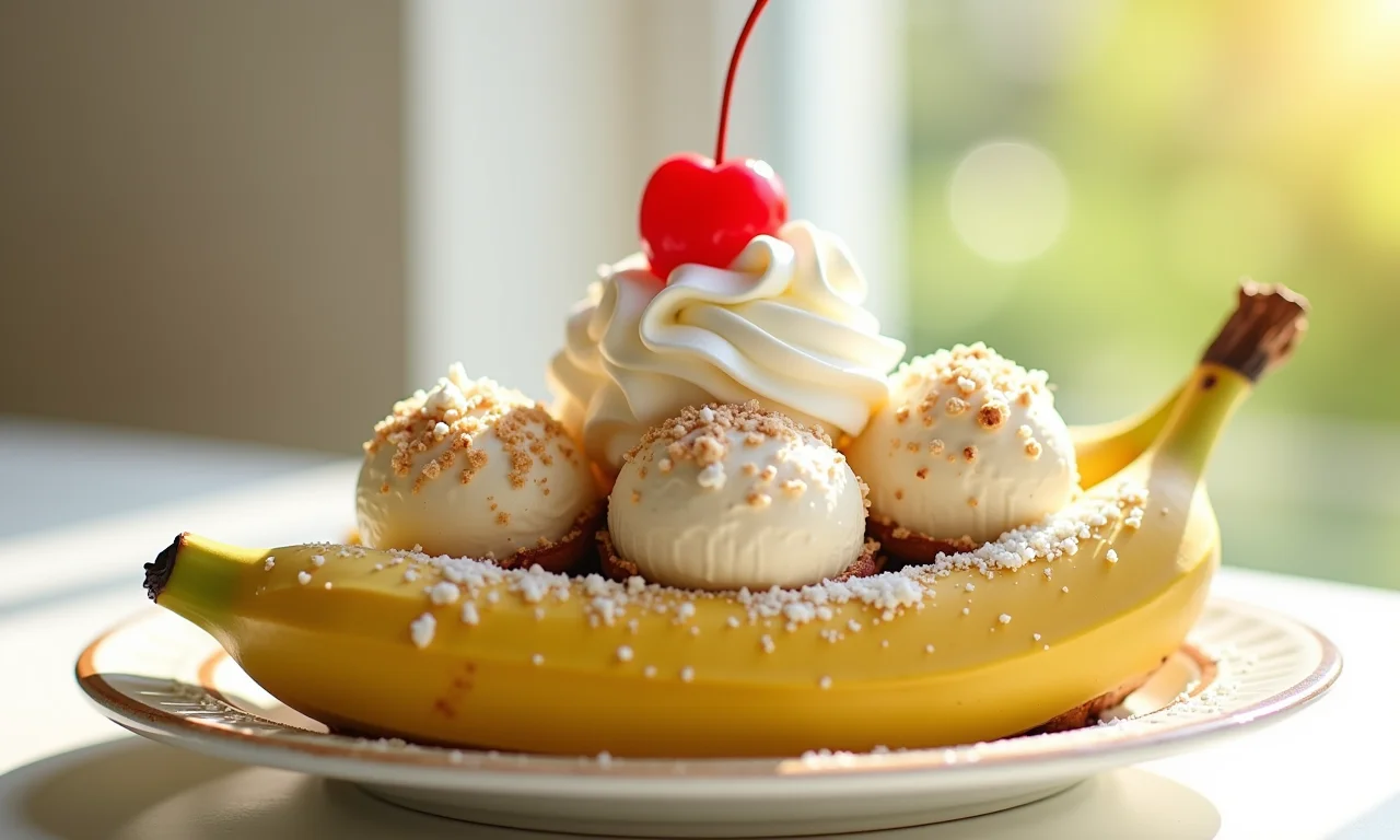 Banana split com chantilly de coco.