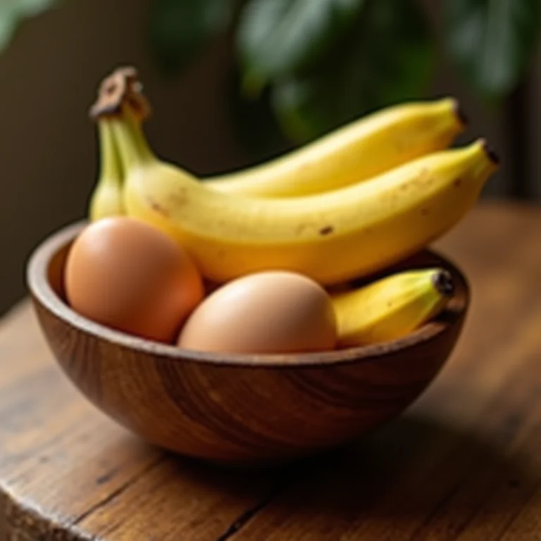 Bananas e ovos, ingredientes simples para a panqueca.
