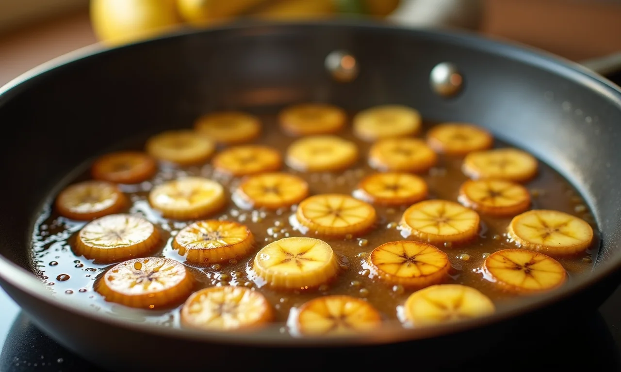 Bananas sendo caramelizadas para a torta.
