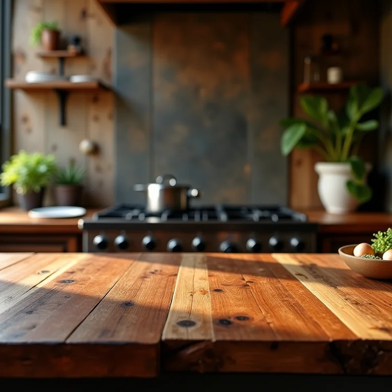 Bancada de madeira de demolição com textura rústica e veios aparentes.
