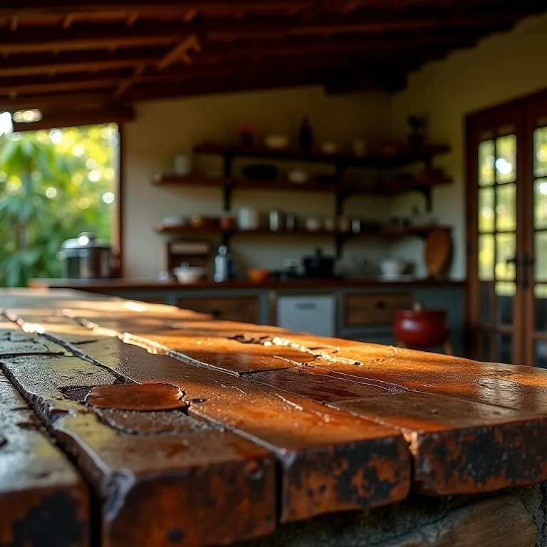 Bancada de madeira deteriorada em uma cozinha rústica externa.