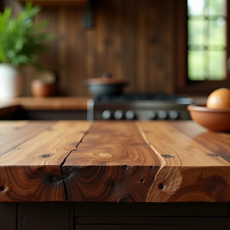 Bancada de madeira rústica em cozinha de fazenda.