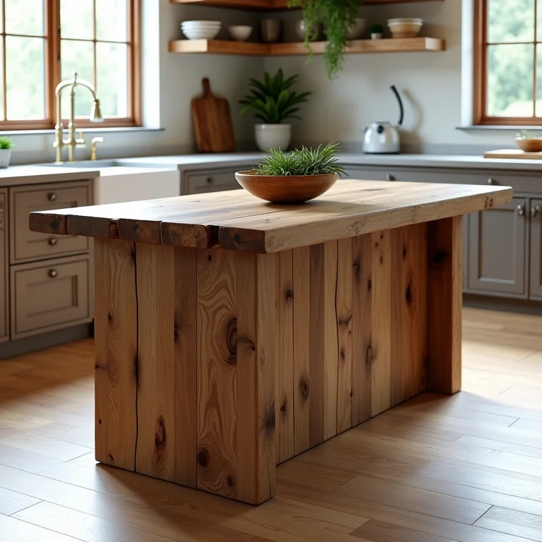 Bancada e ilha de madeira de demolição na cozinha