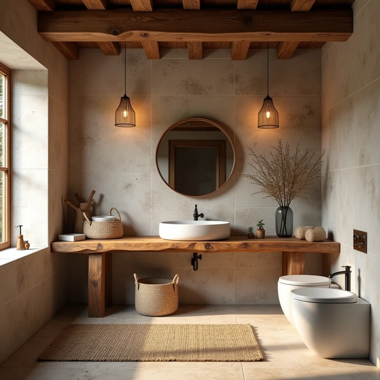 Banheiro com cerâmica rústica.