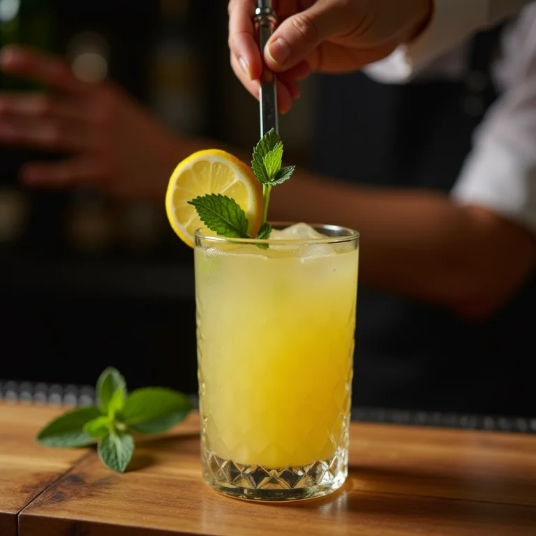 Bartender decorando um drink de limoncello com hortelã e limão.