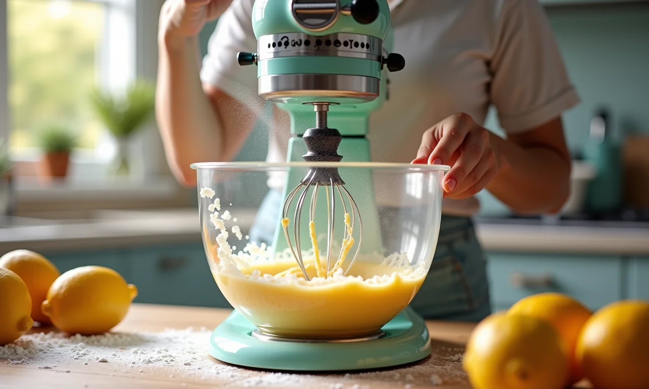 Batedeira preparando massa de bolo de limão.