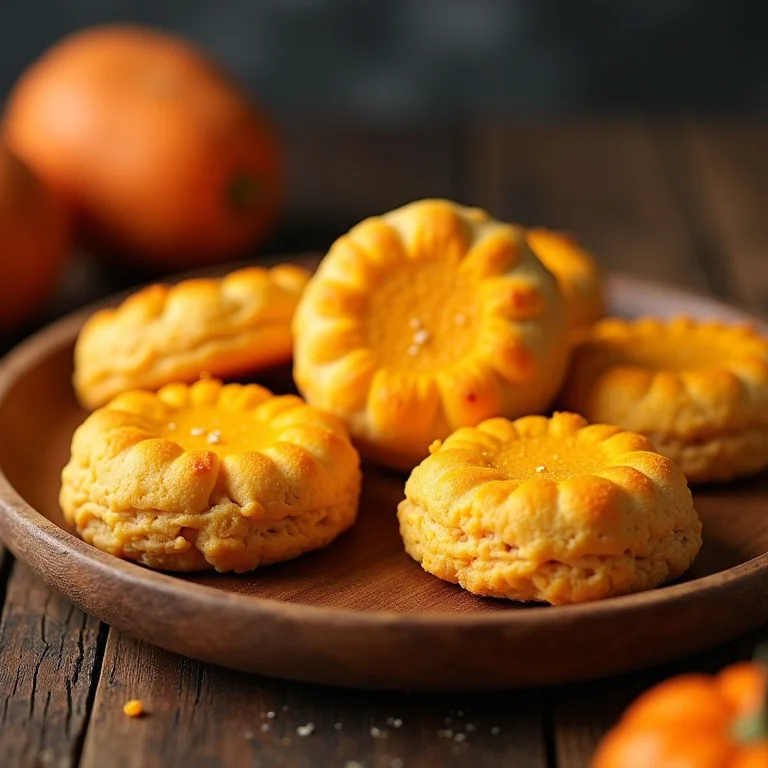 Biscoitos de queijo com batata doce em prato de madeira.
