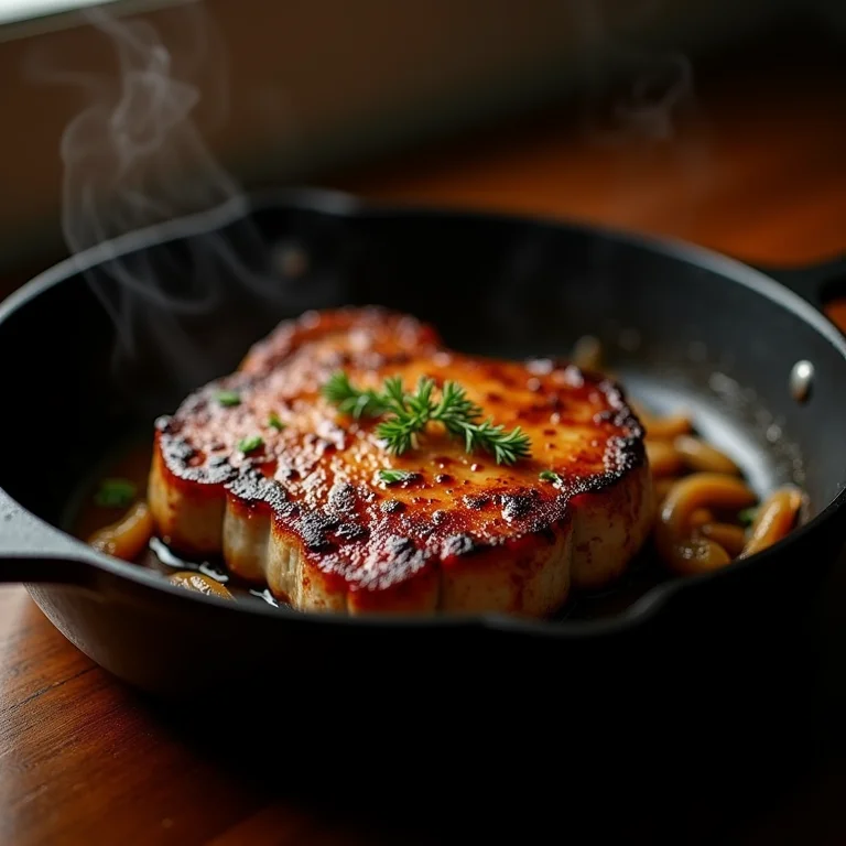 Bisteca de porco acebolada na frigideira