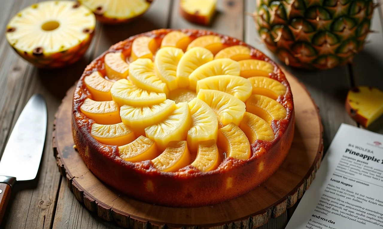 Bolo de casca de abacaxi simples e delicioso em mesa de madeira.