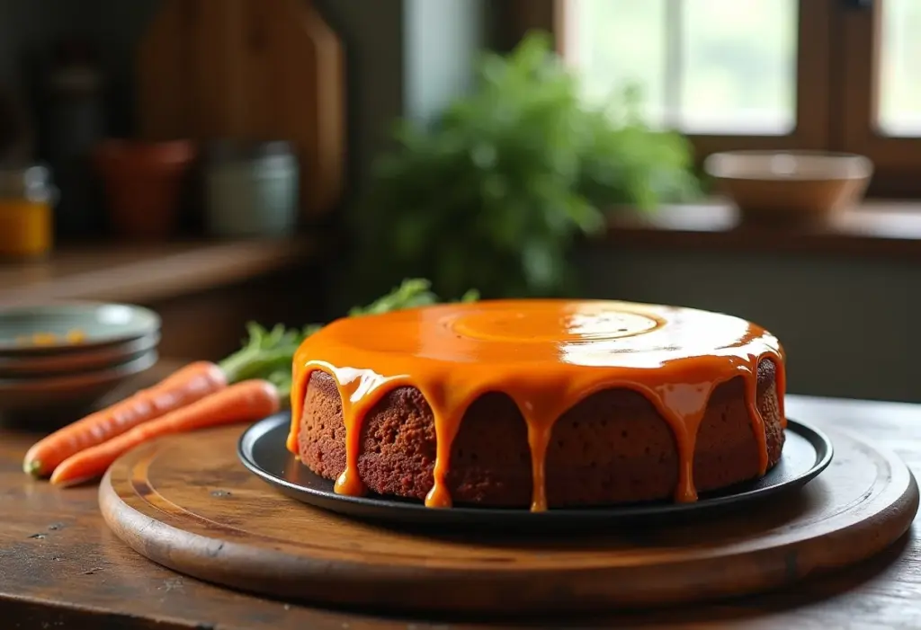 Bolo de cenoura com calda de laranja