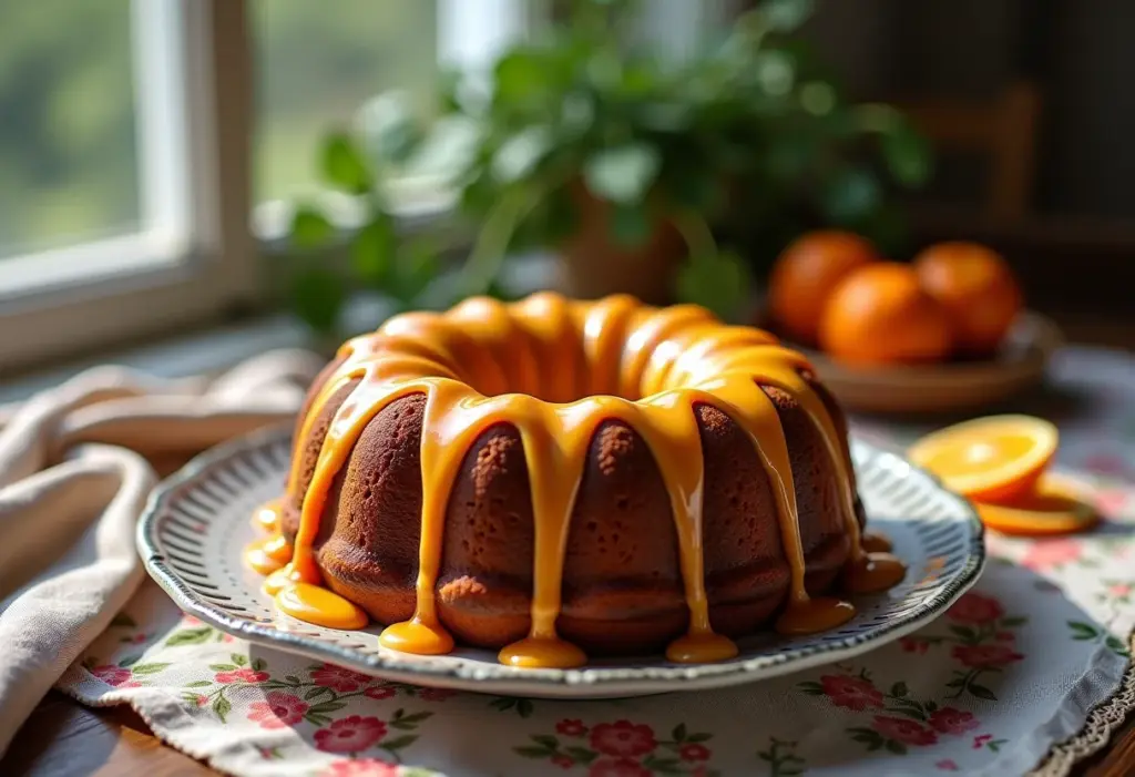 Bolo de cenoura com calda: O segredo para um sabor inesquecível Bolo de cenoura com calda de laranja em mesa rústica