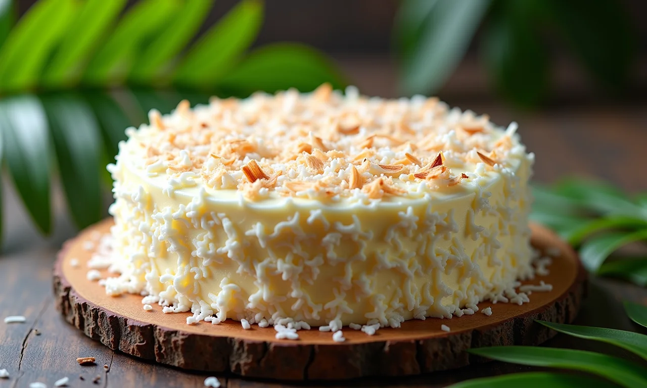 Bolo de coco cremoso com cobertura de coco ralado.