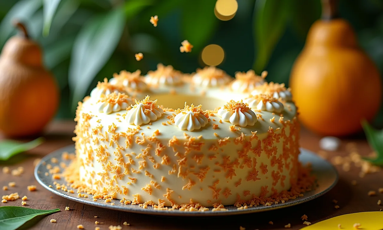 Bolo de coco cremoso em mesa festiva com decoração brasileira.