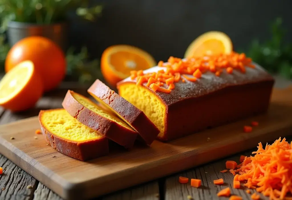 Bolo de Laranja com Cenoura em mesa rústica
