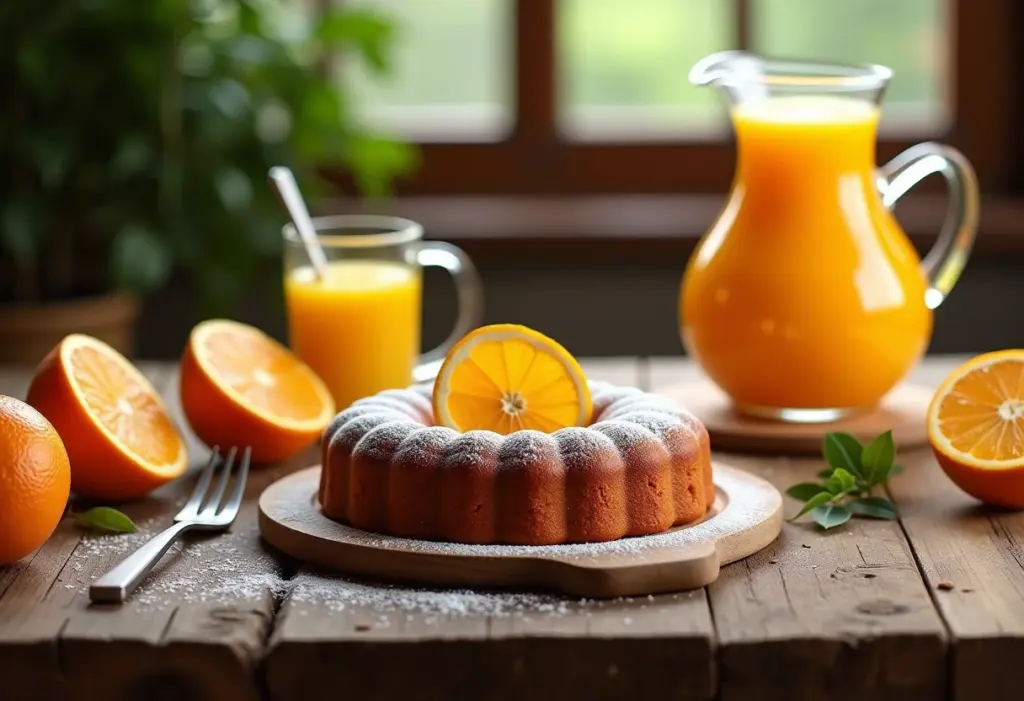 Bolo de Laranja Fofinho com suco ao lado em mesa rústica