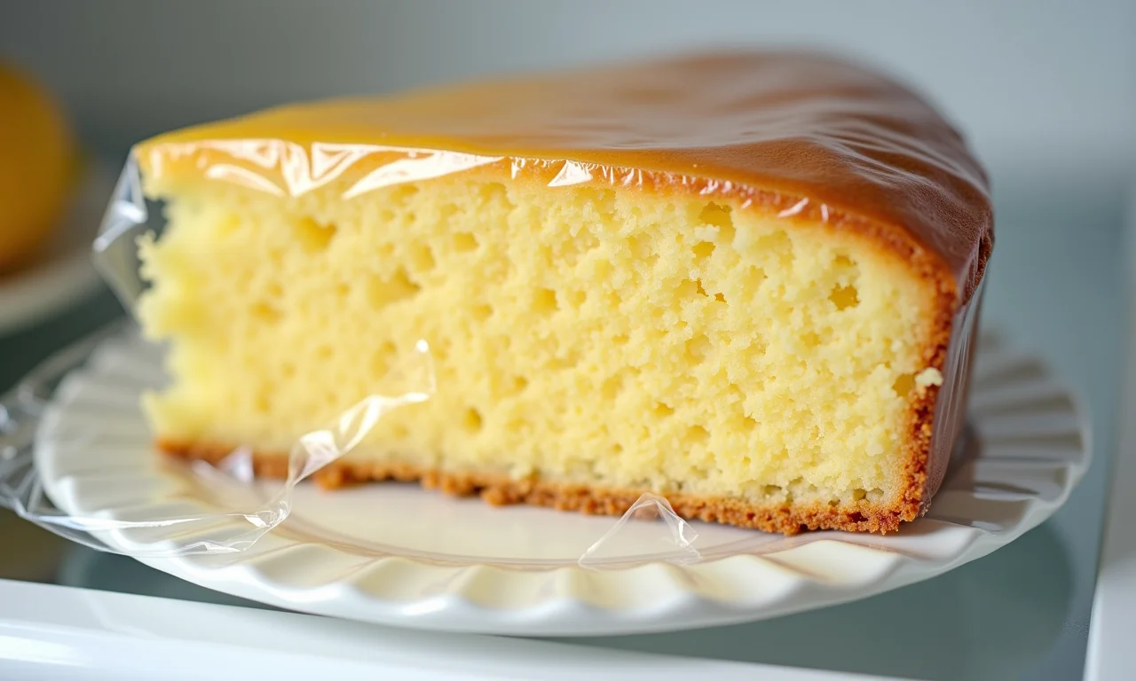 Bolo de limão armazenado na geladeira.