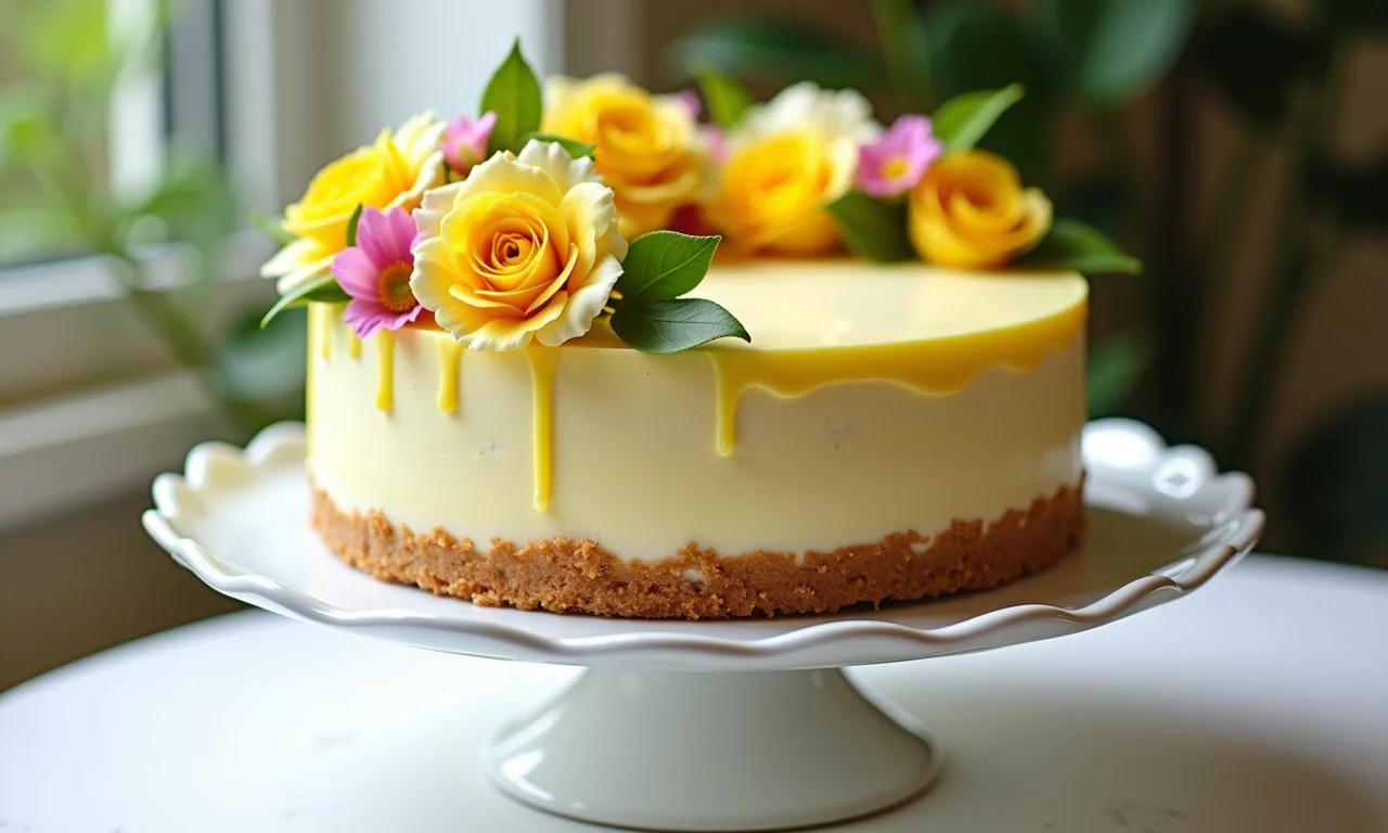 Bolo de limão com decoração floral.