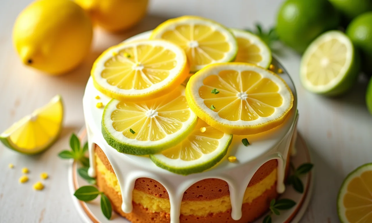 Bolo de limão decorado com frutas cítricas.
