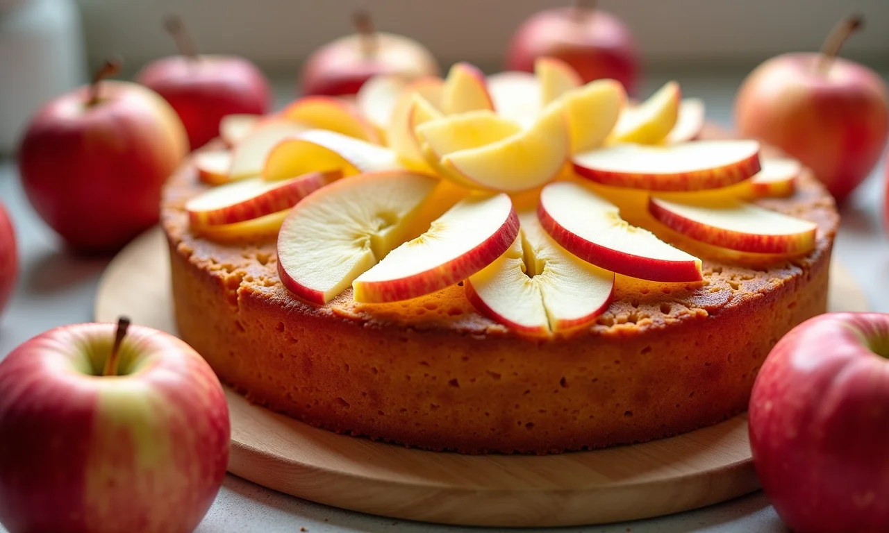 Bolo de maçã com casca e maçãs frescas, fonte de vitaminas e minerais.