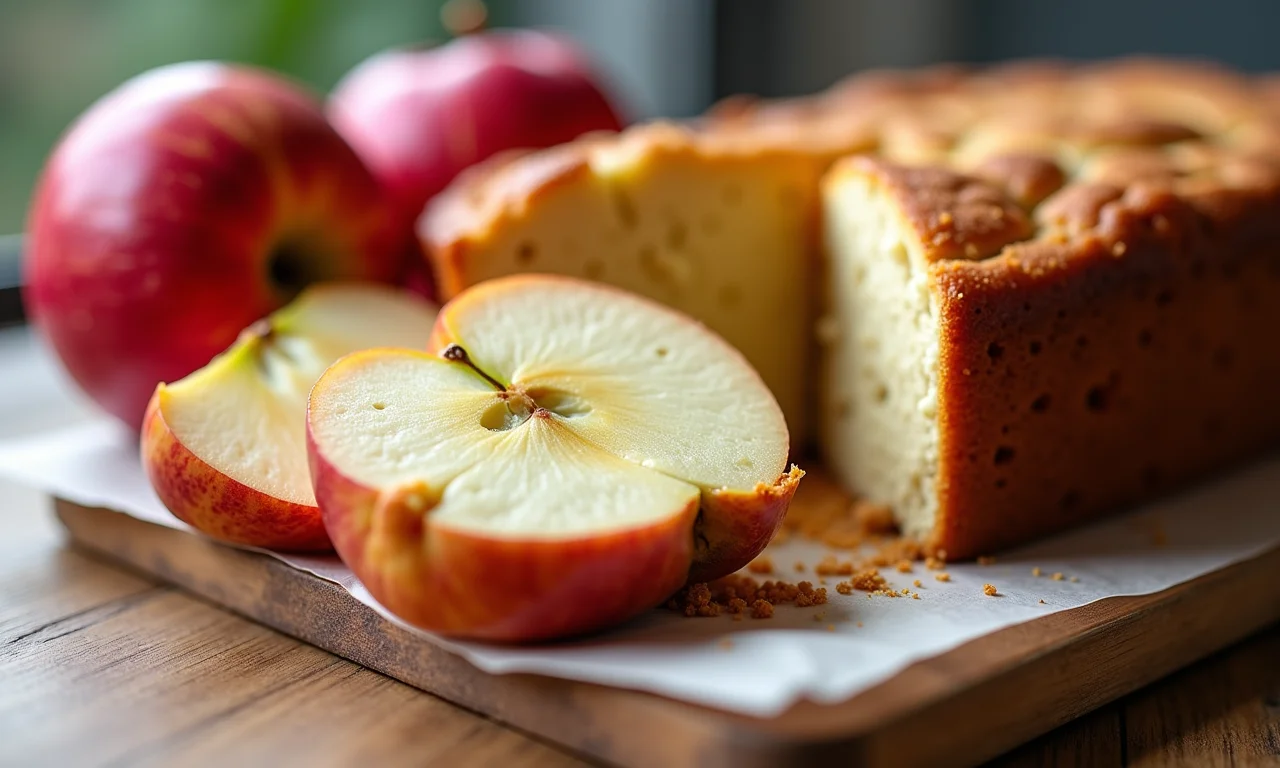 Bolo de maçã com casca e maçãs frescas, ricos em antioxidantes.