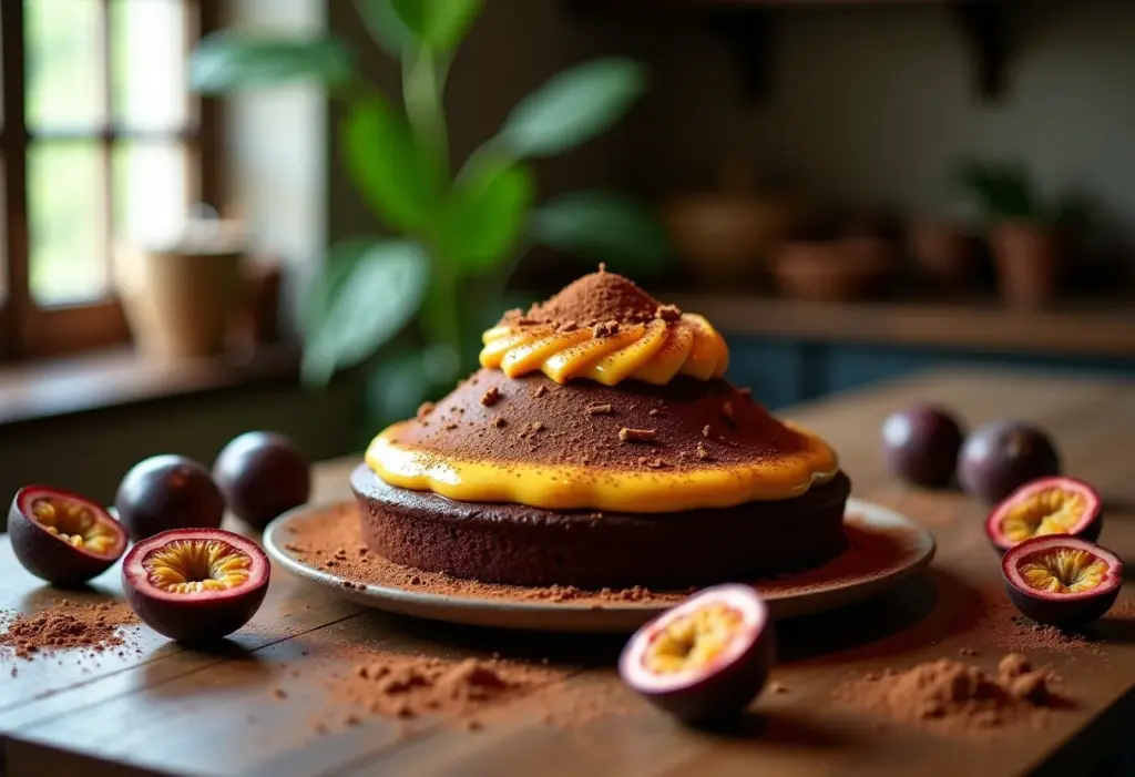 Bolo de maracujá com chocolate estilo vulcão com calda cremosa.