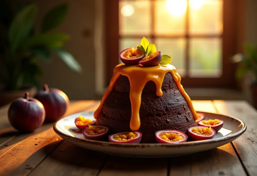Bolo de maracujá com chocolate estilo vulcão com calda cremosa escorrendo