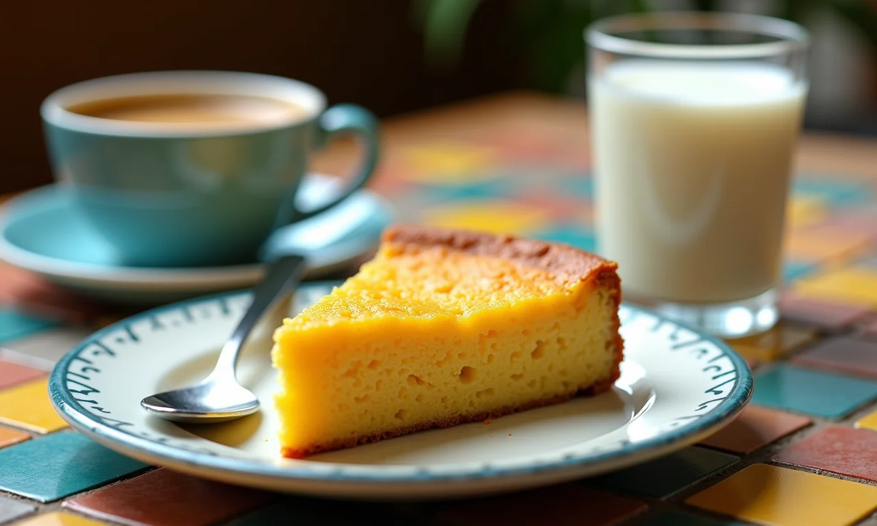 Bolo de milho com café e leite em mesa de azulejo.