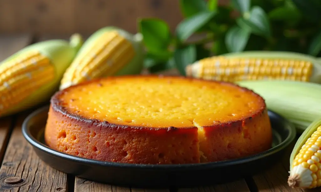 Bolo de milho fofinho caseiro em mesa rústica com espigas de milho.