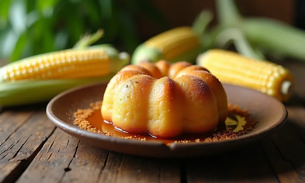 Bolo de Milho Pamonha caseiro, com textura úmida e decoração rústica.