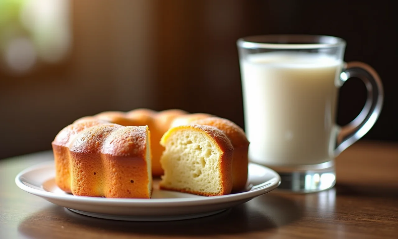 Bolo de Milho Pamonha servido com café e leite.