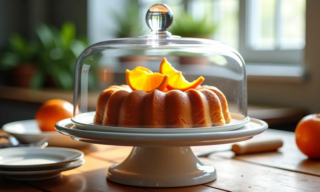 Bolo formigueiro com laranja armazenado em um suporte com tampa.