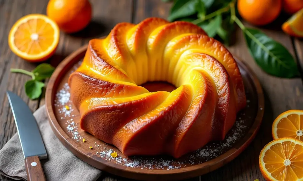 Bolo formigueiro com laranja decorado com fatias de laranja e raspas.