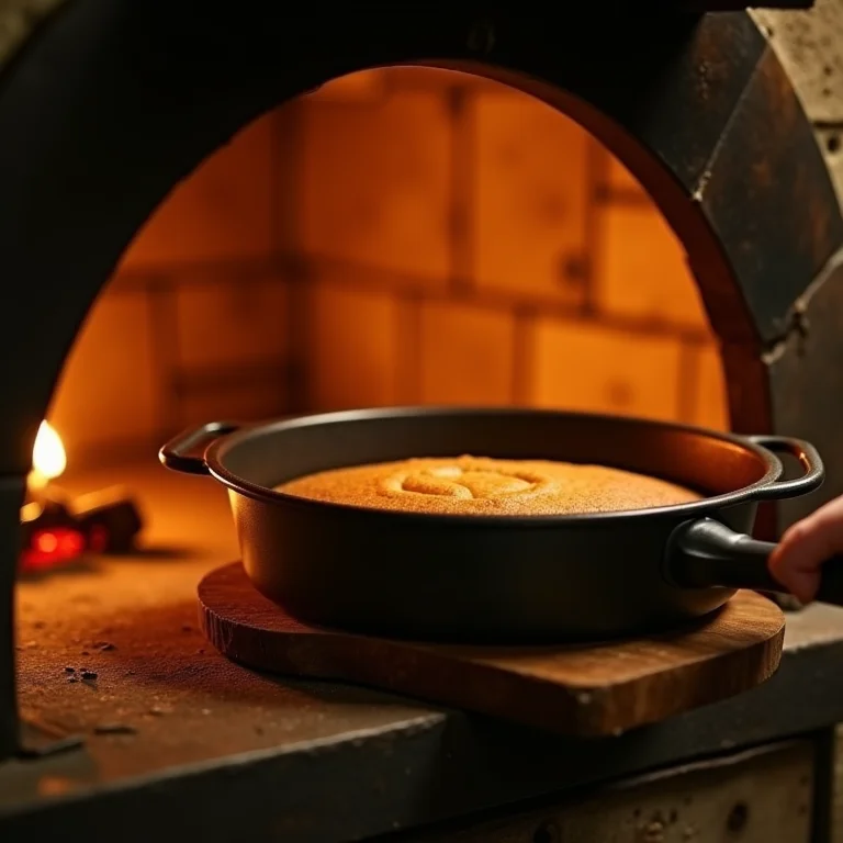Bolo sendo colocado em um forno a lenha na temperatura correta.