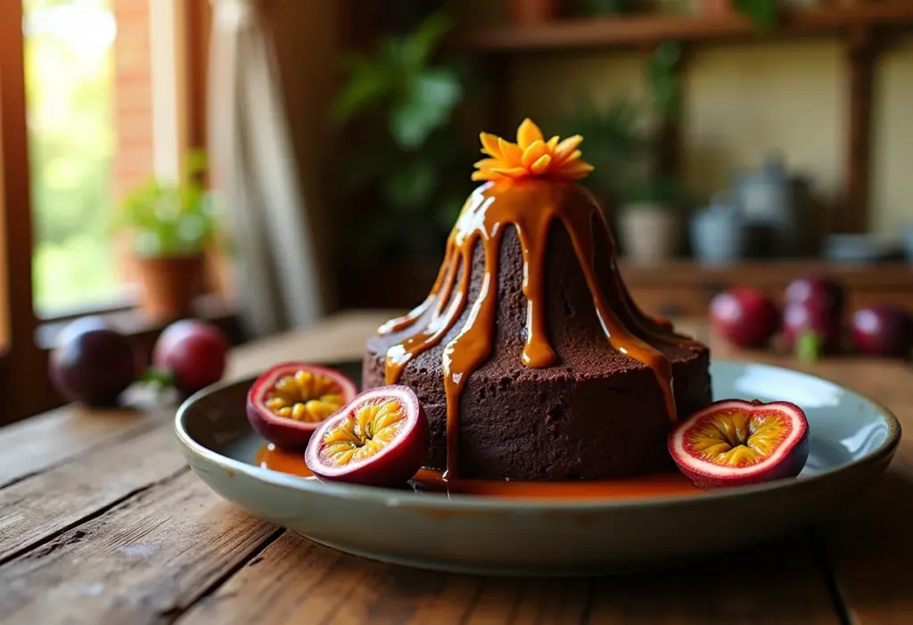 Bolo vulcão de maracujá com chocolate, calda cremosa escorrendo