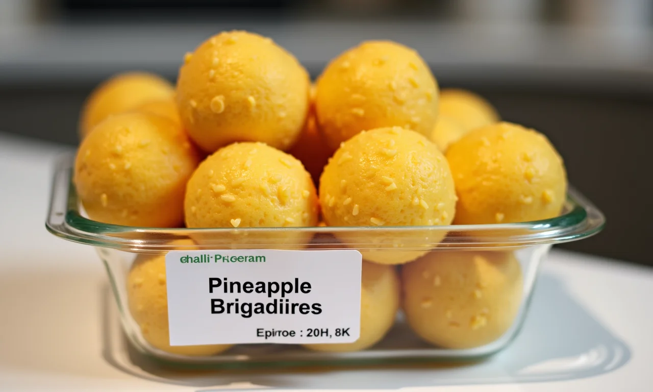 Brigadeiro de abacaxi conservado em pote de vidro.