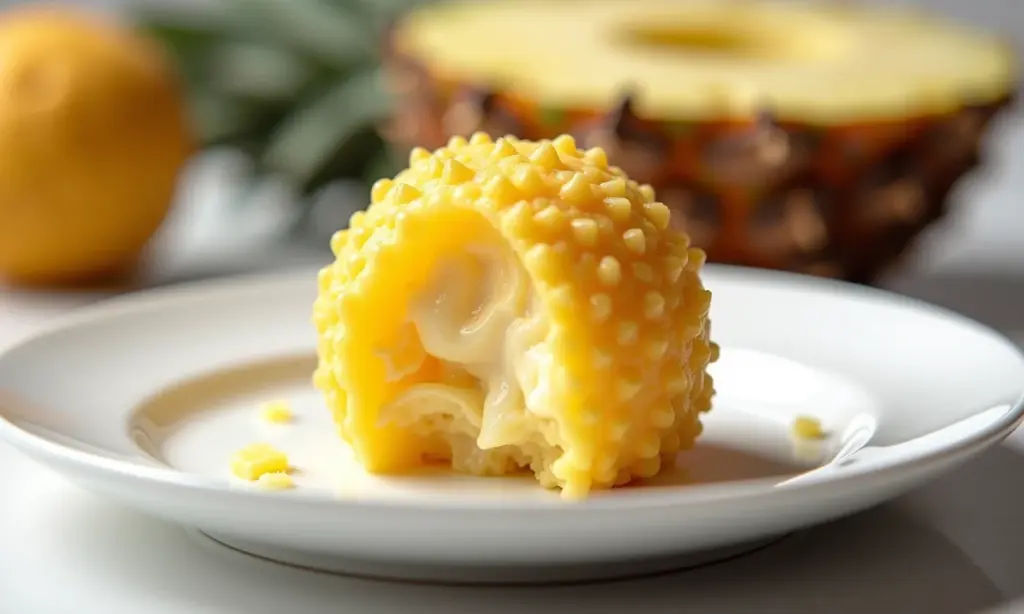 Brigadeiro de abacaxi cremoso com pedaços de abacaxi.