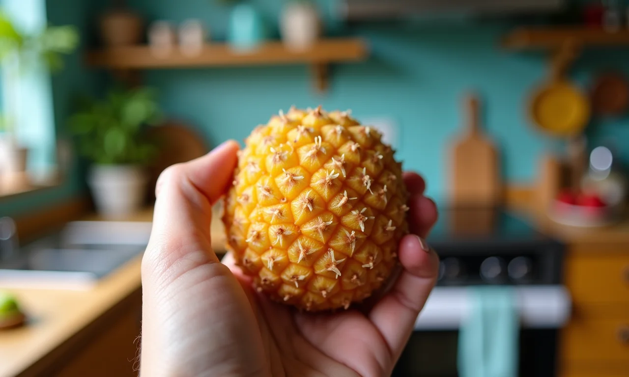 Brigadeiro de abacaxi sendo segurado por uma mão, dica da autora.